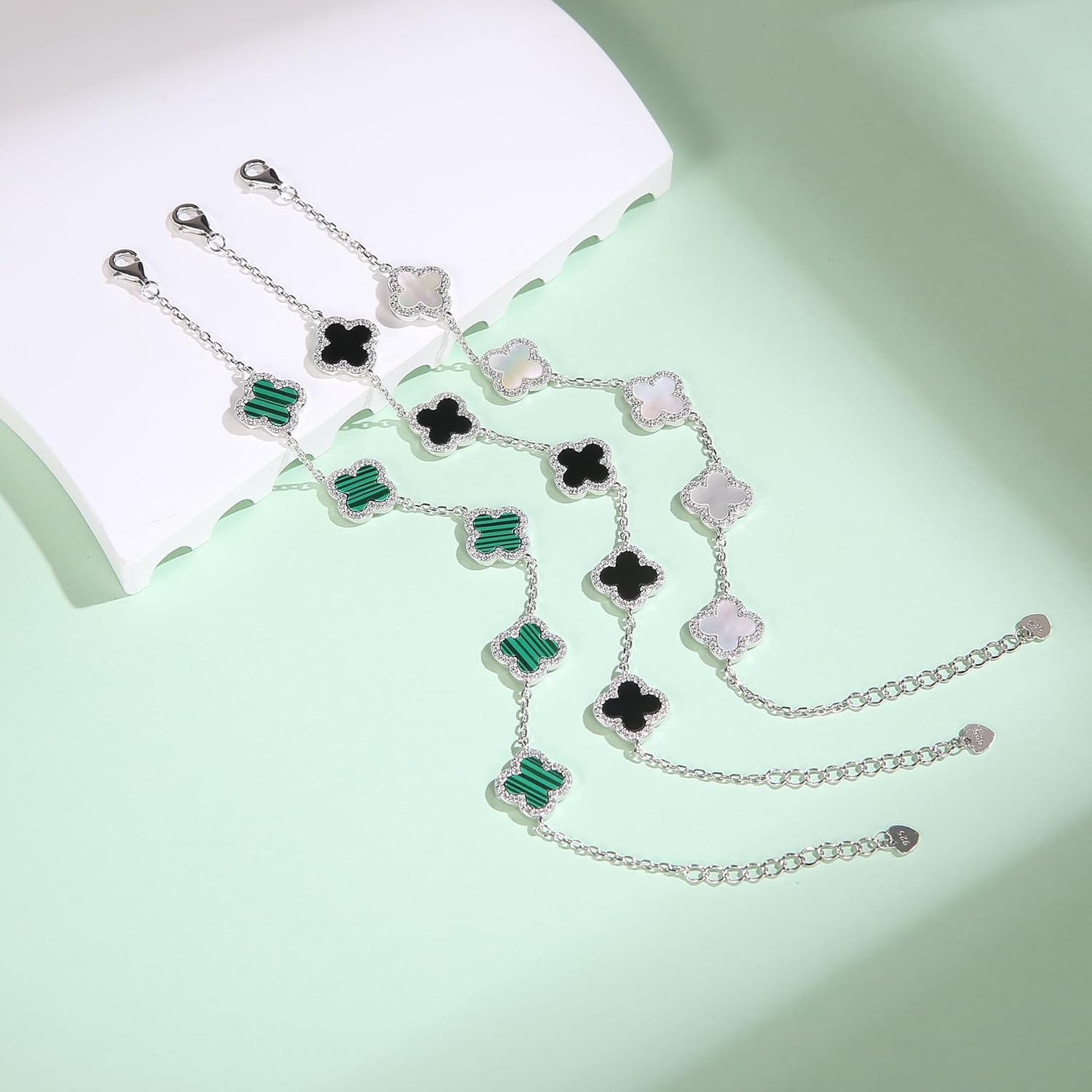 925 Sterling Silver Clover Bracelet Set, 7 Inch Adjustable Chain, Fashion & Sporty Style - Image 3