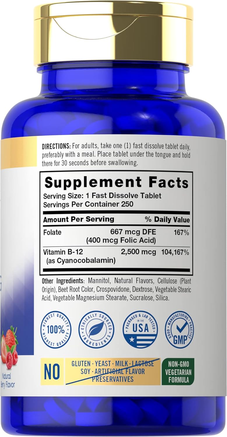 Carlyle Vitamin B12 Sublingual 2500 mcg 250 Fast Dissolve Tablets Natural Berry Flavor Vegetarian - Image 2