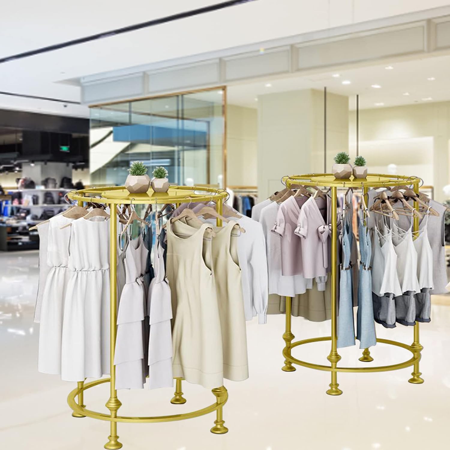 Gold Round Garment Rack Floor Standing Iron Clothes Hanging Display for Malls Boutiques - Image 7