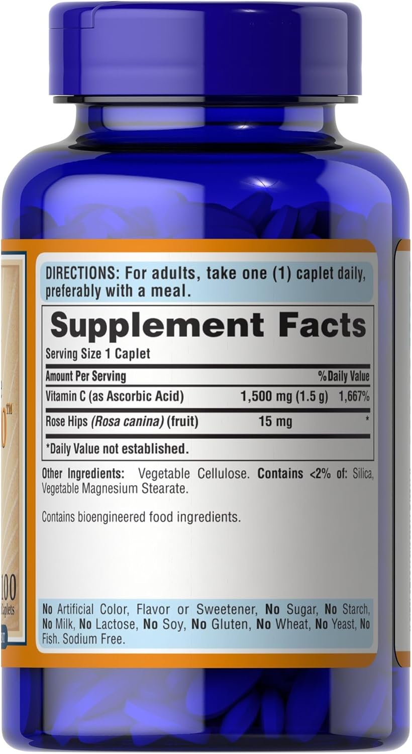 Puritan's Pride Vitamin C 1500mg Caplets with Rose Hips, 100 Count Bottle - Image 3
