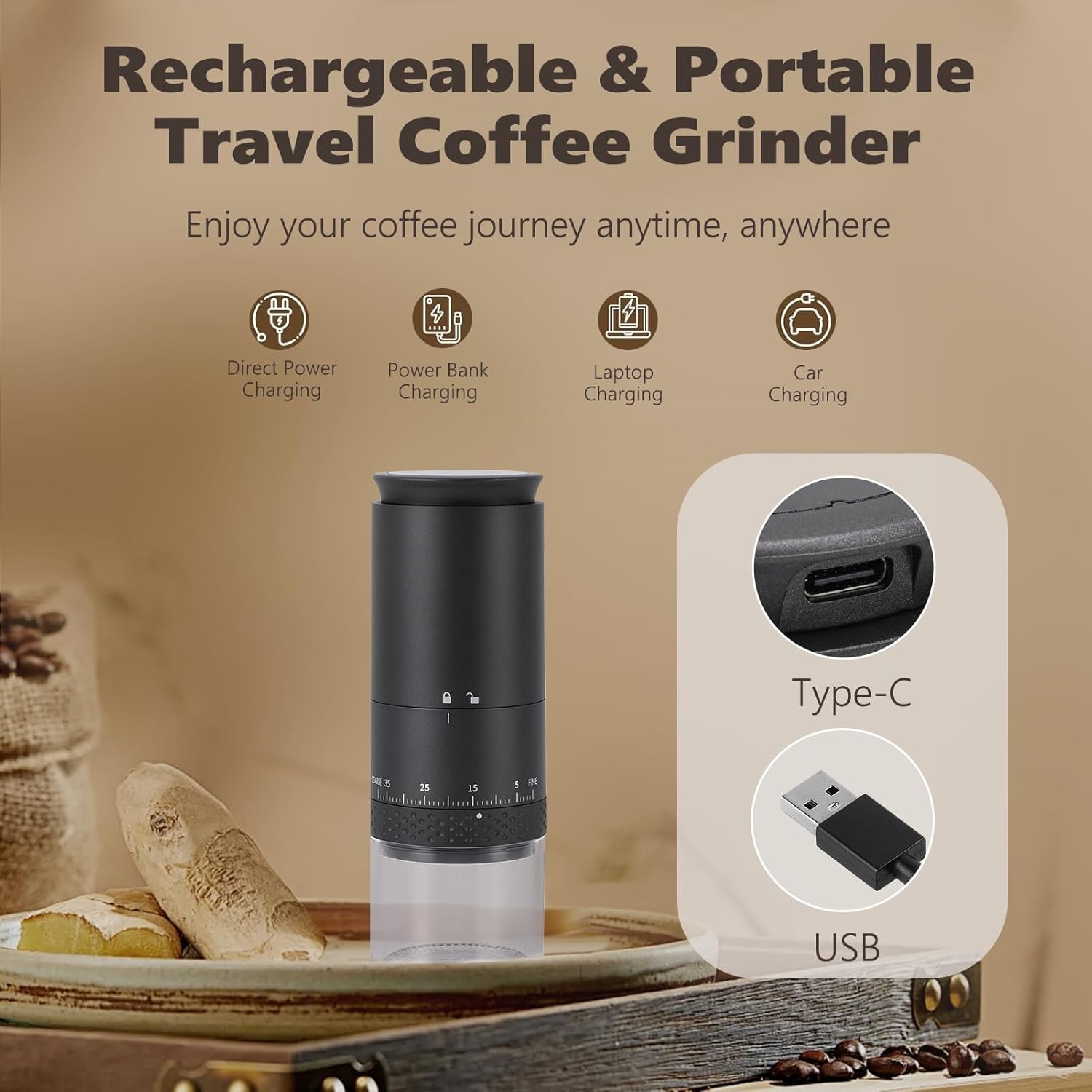 Compact USB Electric Burr Coffee Grinder Black 38 Settings LCD Screen Travel Camping - Image 5