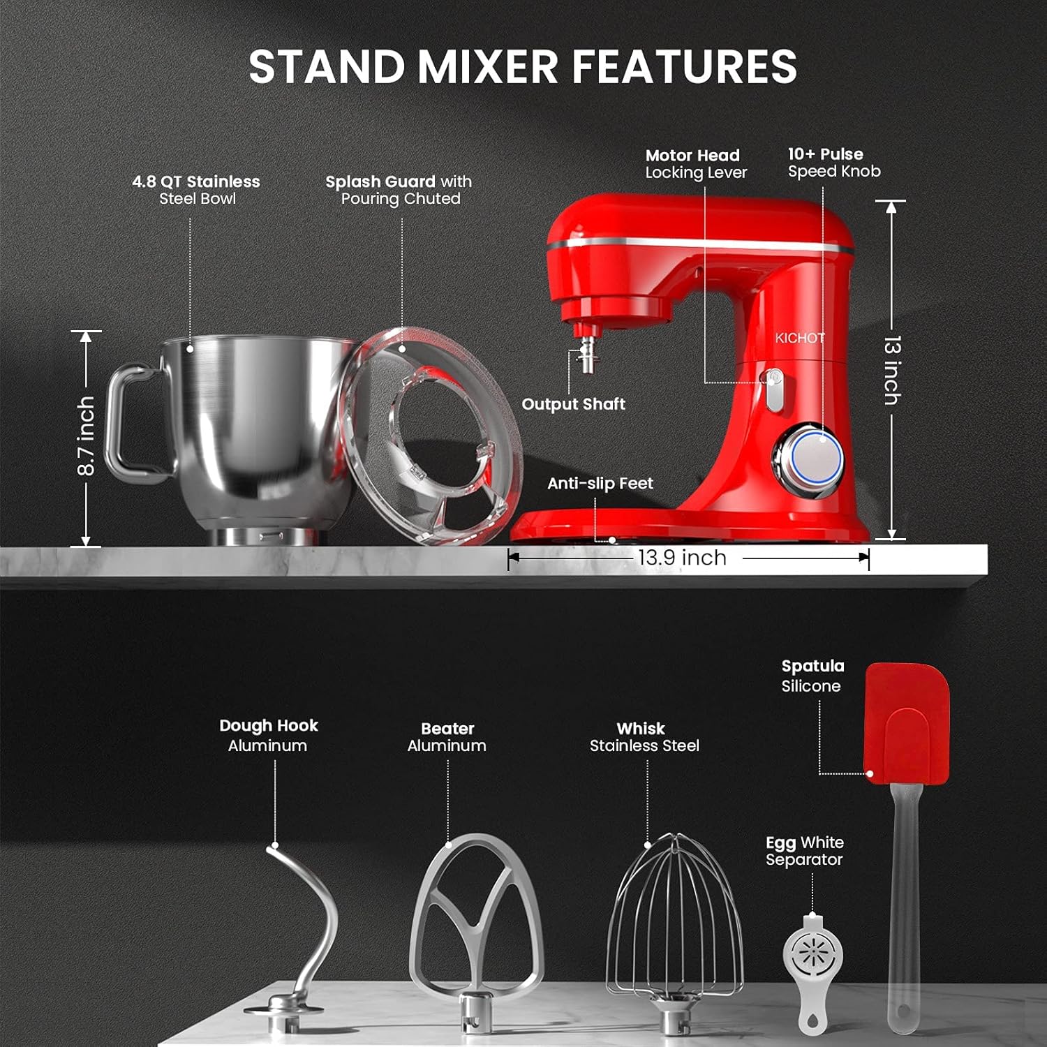 KICHOT 4.8 Qt Red Tilt-Head Stand Mixer 10-Speed Household Dough Mixer with Attachments - Image 9