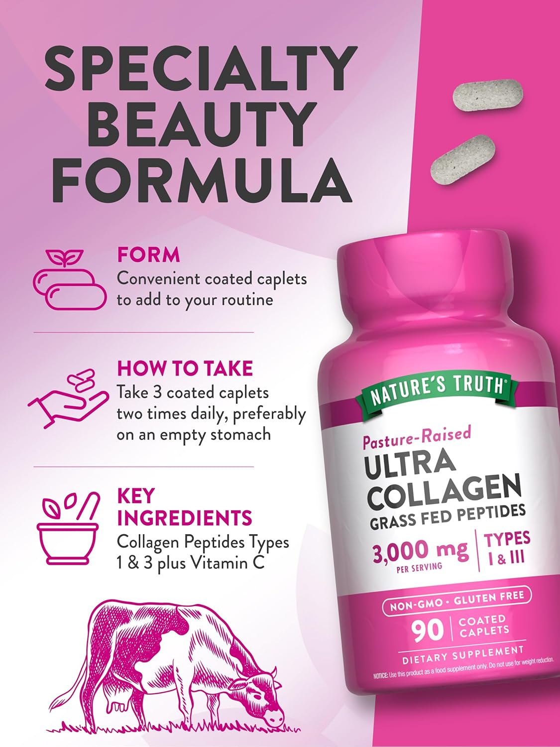 Nature's Truth Collagen Peptides Type 1 & 3 Supplement 90 Caplets with Vitamin C Grass Fed Non-GMO - Image 5