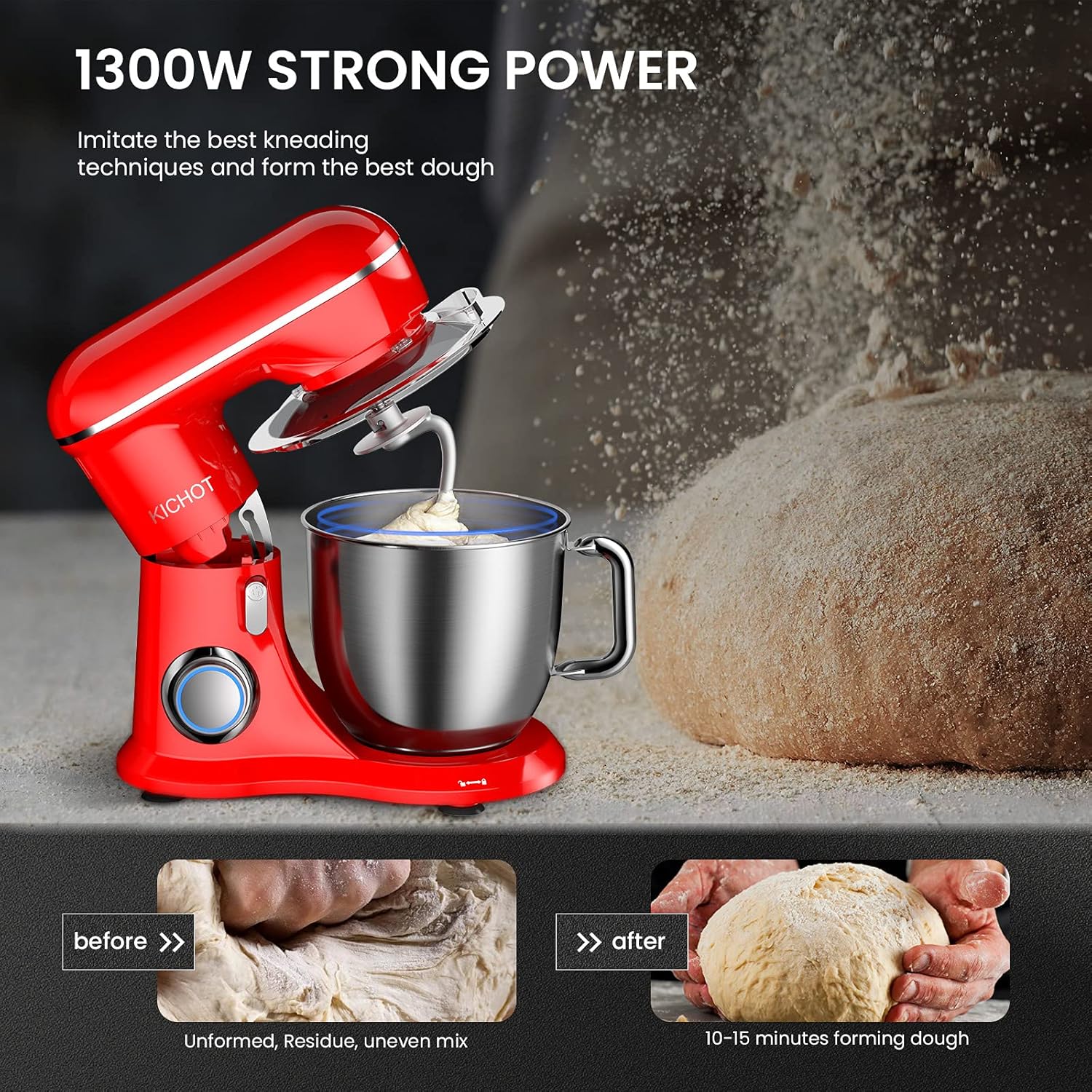 KICHOT 4.8 Qt Red Tilt-Head Stand Mixer 10-Speed Household Dough Mixer with Attachments - Image 6