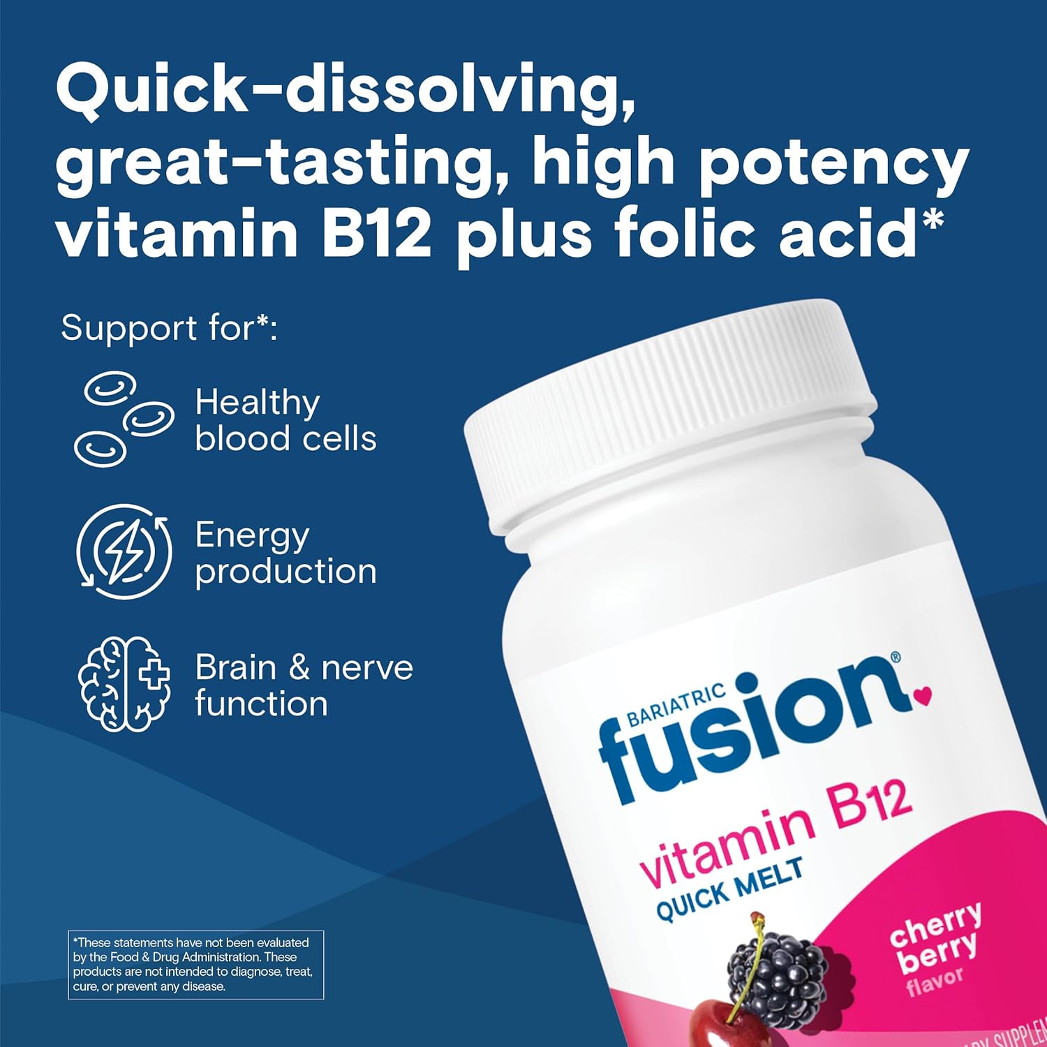 Bariatric Fusion Cherry Berry B12 Melts 1000 mcg with Folic Acid Sugar Free Methylcobalamin 90 Count - Image 2