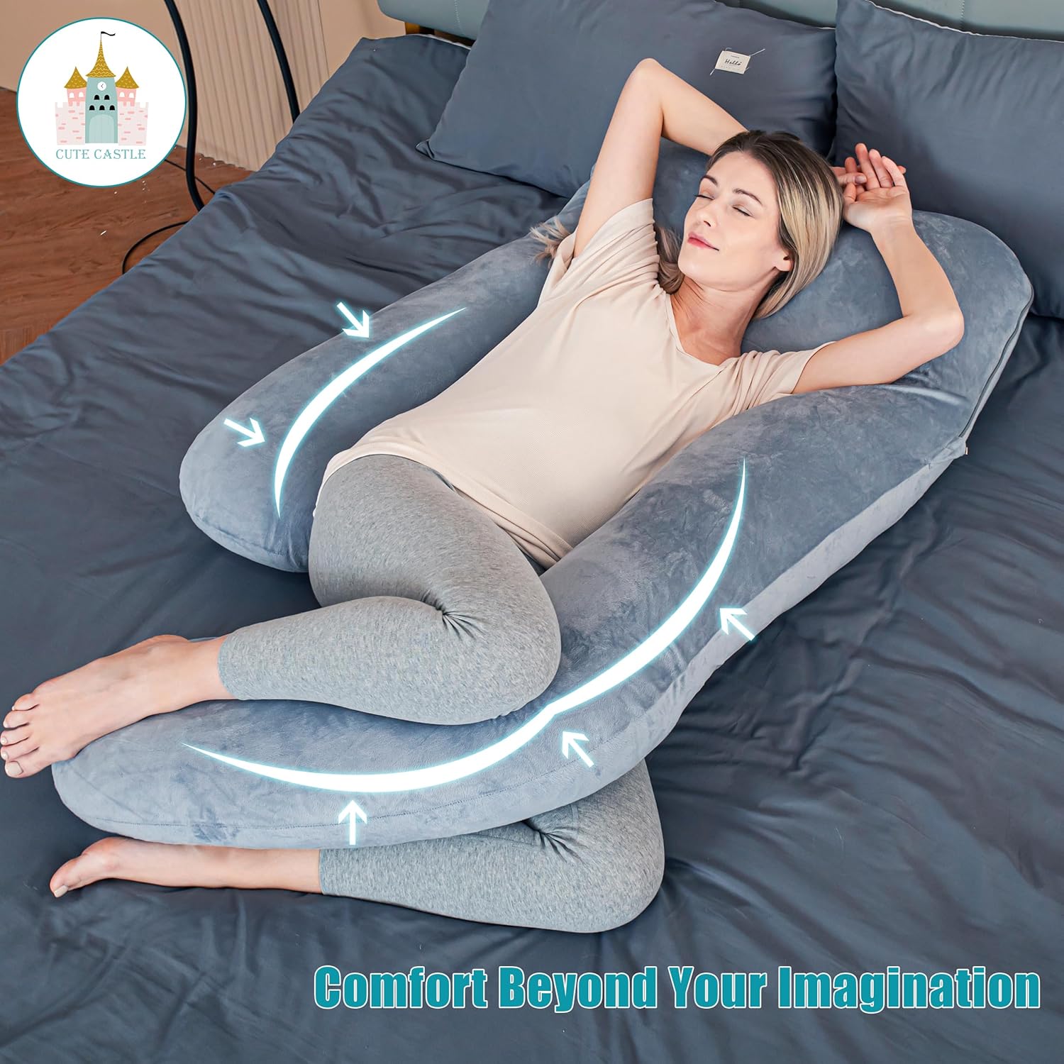 Cute Castle Jumbo 57 Inch Grey U-Shape Maternity Pregnancy Pillow with Removable Cover for Adult Sleeping - Image 2