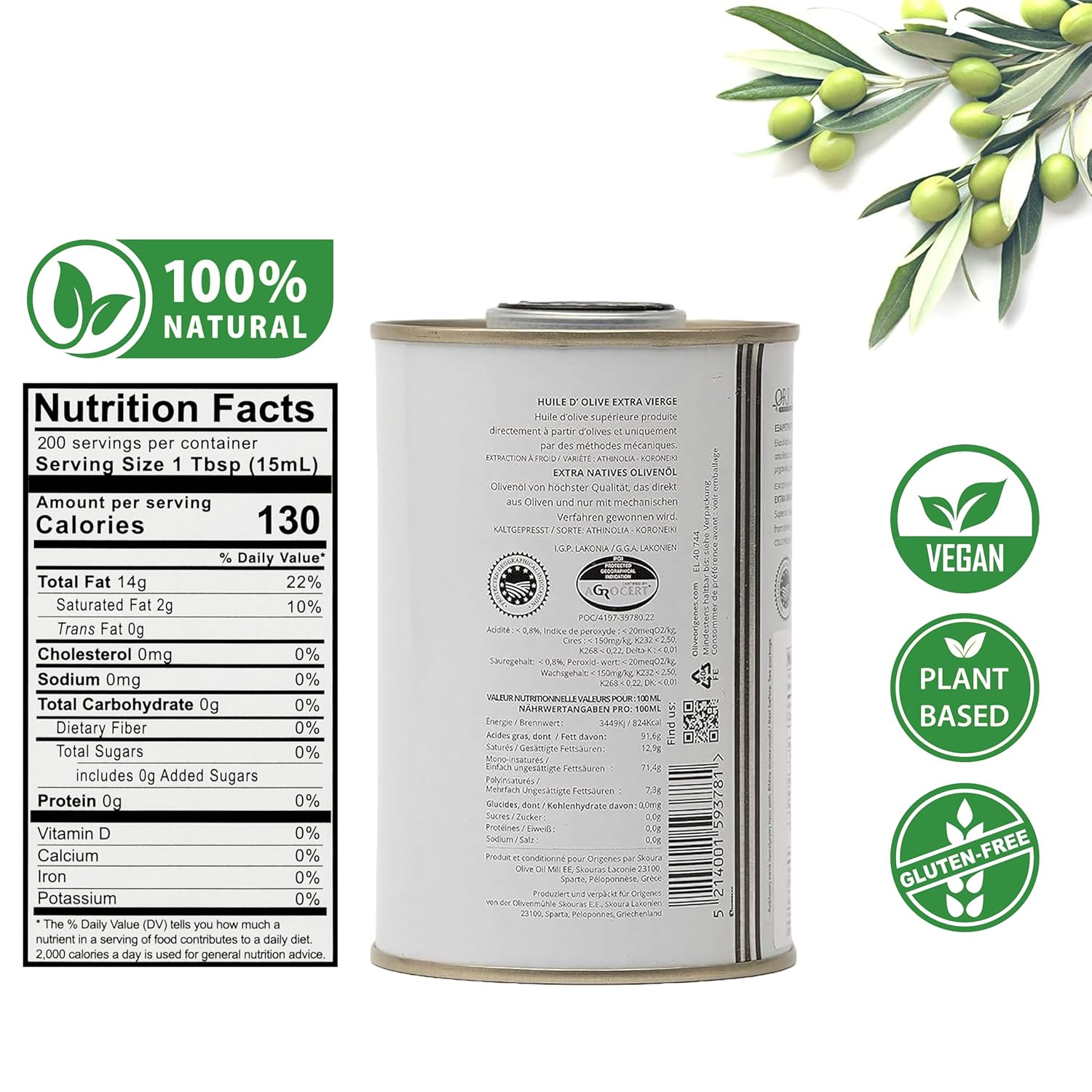 Two 250ml Tins Extra Virgin Olive Oil, Cold Pressed Intense Flavor, Polyphenol Rich from Laconia - Image 2