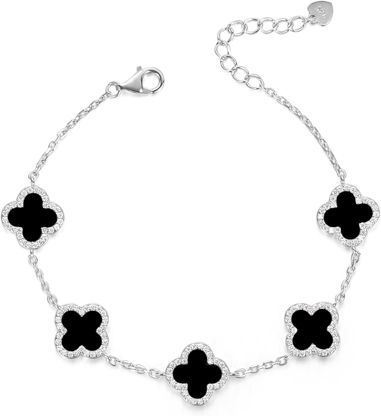 925 Sterling Silver Clover Bracelet Set, 7 Inch Adjustable Chain, Fashion & Sporty Style