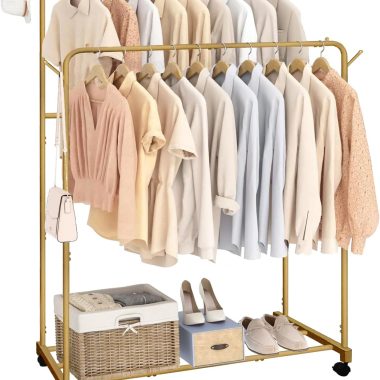 AT-VALY Double Rod Wheeled Garment Rack for Hanging Clothes - Multi-functional Bedroom Storage - Gold Finish