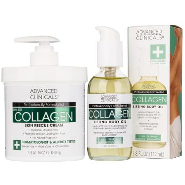 Advanced Clinicals Collagen Body Oil & Unscented Cream 2 Piece Skin Care Set for Women and Men.