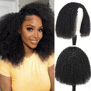 CanaryFly 14-Inch Afro Kinky Curly Human Hair Half Wig, 200% Density, Glueless Drawstring Flip Over Style, Natural Black, Beginner Friendly