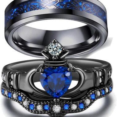 Men's Black Claddagh Heart Rhinestone Stackable Stainless Steel Wedding Ring Set - Size 9