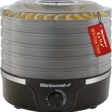 Elite Gourmet Food Dehydrator with 5 BPA-Free 11.4" Trays and Adjustable Temperature Controls for Jerky, Herbs, Fruit, and Veggies Black and Grey