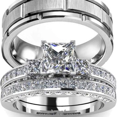 His & Hers 10k White Gold Filled Square CZ Wedding Ring Set & Tungsten Carbide Band