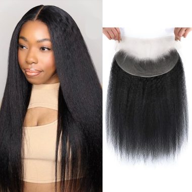 Kerriana 20 Inch Kinky Straight Transparent Lace Frontal Human Hair Closure Natural Black
