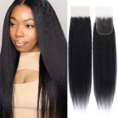 Kerriana 16 Inch Kinky Straight Transparent Yaki Human Hair Closure Natural Black Free Part
