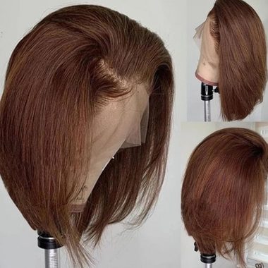 Mocha Brown 8 Inch Short Bob Straight Human Hair Wig Transparent Lace Frontal Pre Plucked Blunt Cut