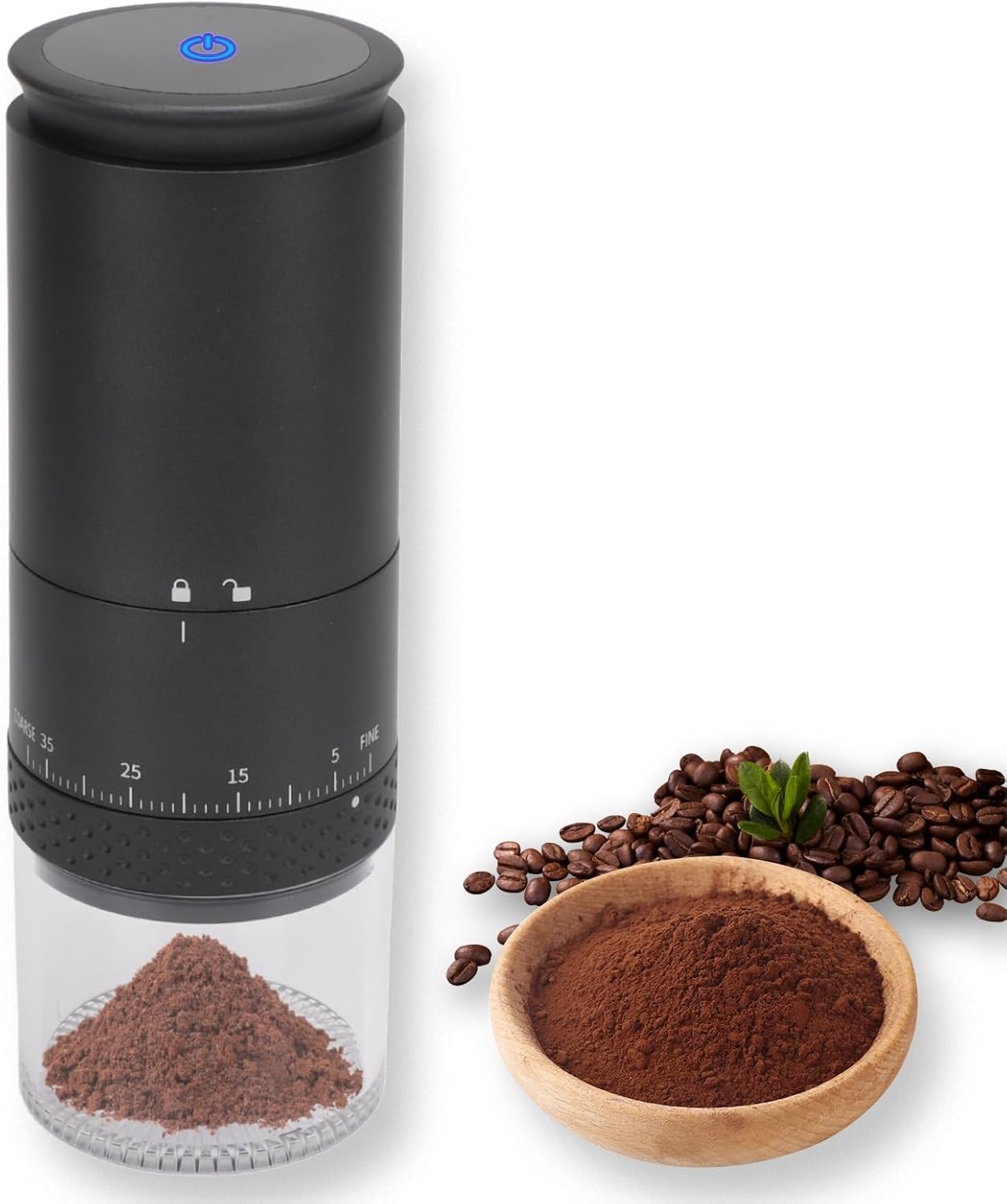 Compact USB Electric Burr Coffee Grinder Black 38 Settings LCD Screen Travel Camping