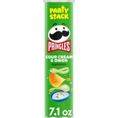 Pringles Sour Cream and Onion Potato Crisps, 7.1oz Party Stack Can for On-The-Go Lunches