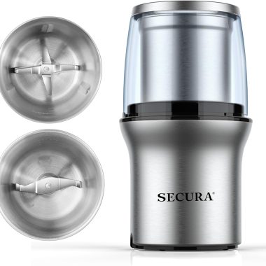 Secura 2-Blade Stainless Steel Electric Coffee and Spice Grinder with Removable Bowls