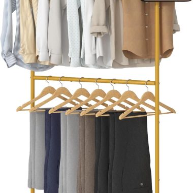 Sywhitta Double Rod Clothing Garment Rack with Bottom Mesh, Rolling Coat Hanger for Hanging Clothes, Gold