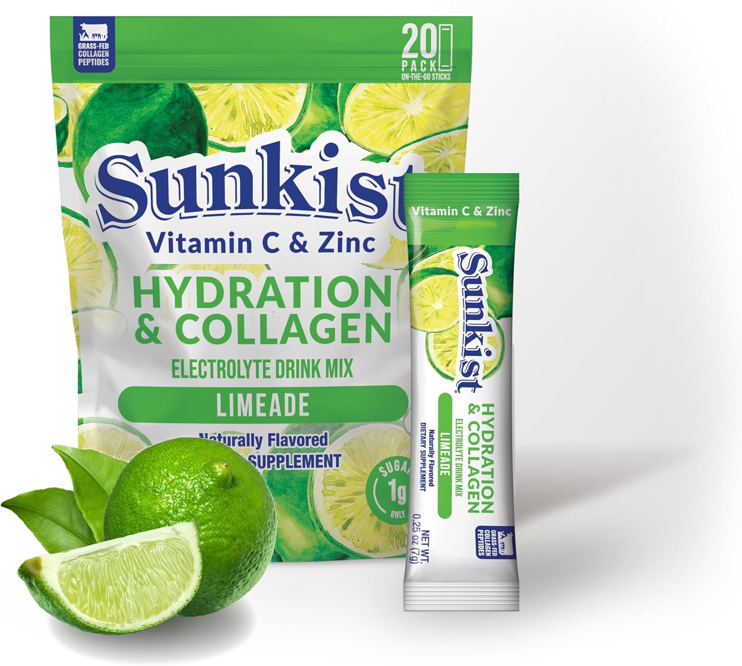 Frozen Bean Sunkist Limeade Collagen Drink Mix for Women - 20 Packs Hydration Electrolyte Powder with Vitamin C and Zinc
