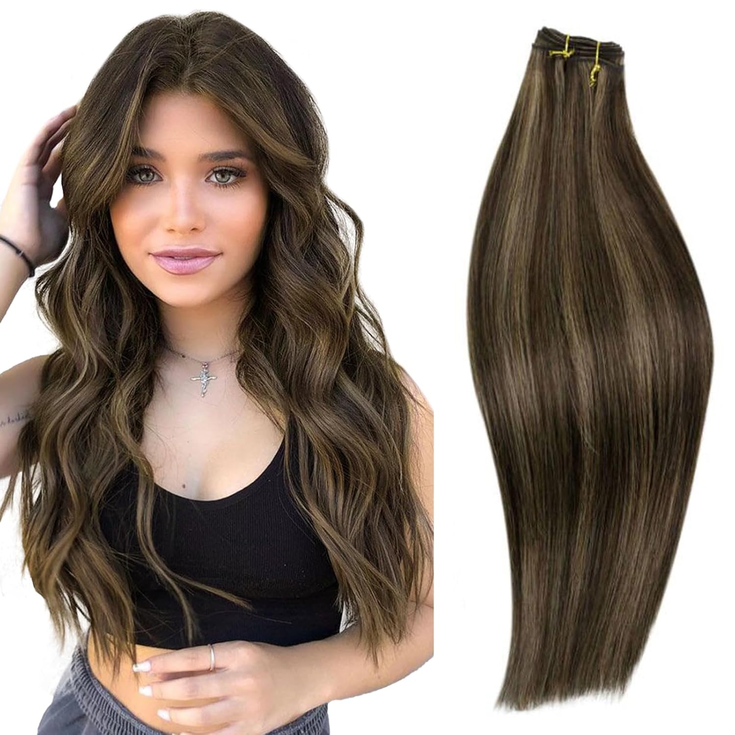 RUNATURE 12 Inch Dark & Ash Brown Straight Sew-in Hair Extensions 70g Weft