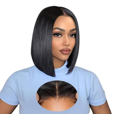 XZZ Wear and Go 12 Inch Glueless Bob Wig Human Hair 200% Density Short Straight Black 9x6 HD Lace