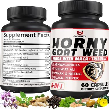 BMVINVOL Horny Goat Weed Blend Capsules with Ginseng, Tribulus, Ashwagandha, Maca, Tongkat Ali, Nettle, Black Pepper - 60 Count