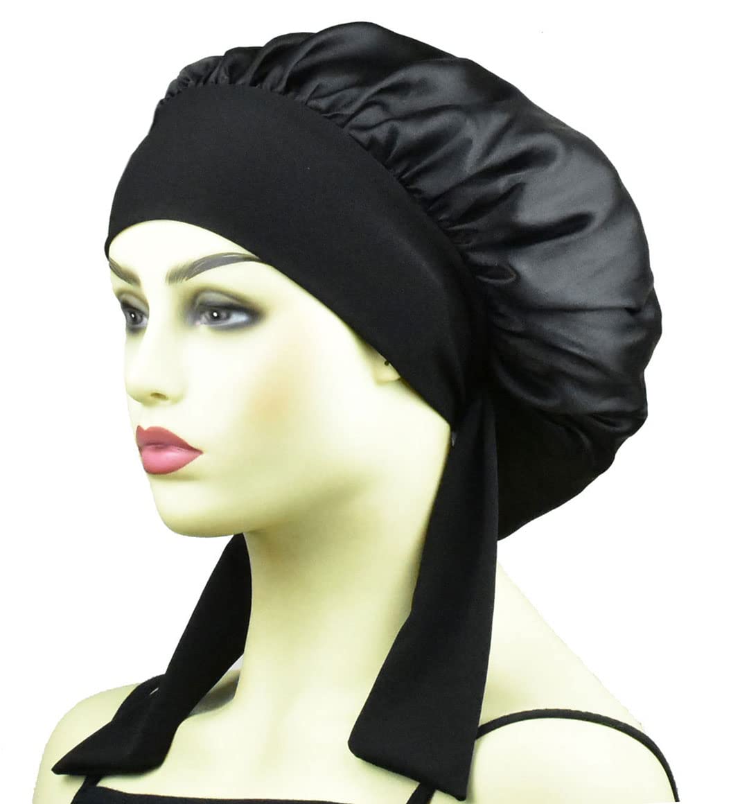 Large Black Silk Sleeping Bonnet Satin Sleep Cap for Curly Hair Care
