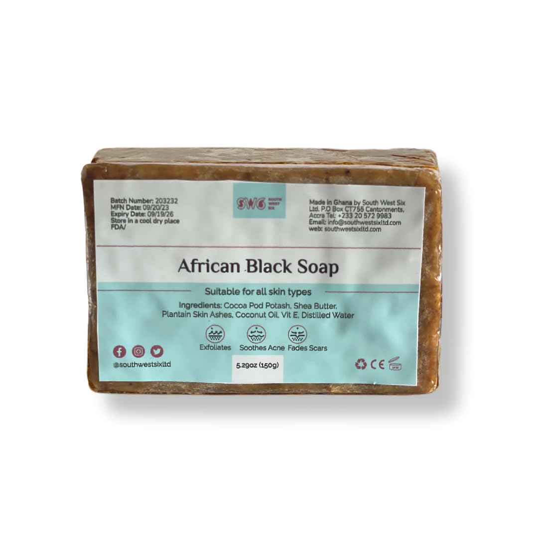 Genuine African Black Soap Bar Shea Butter Raw Organic Gentle Cleansing 5.29oz