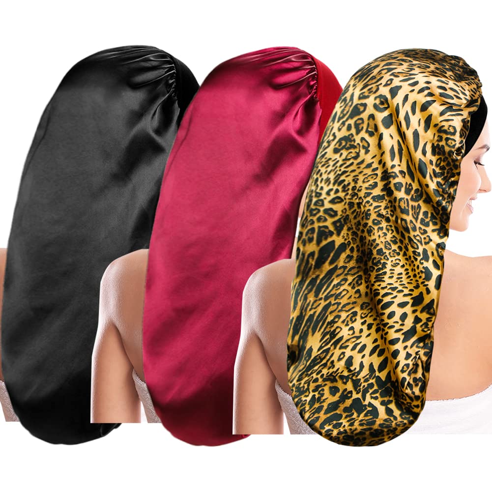 Luxury 3-Piece Long Satin Sleep Bonnets for Women Silky Hair Care Caps Set