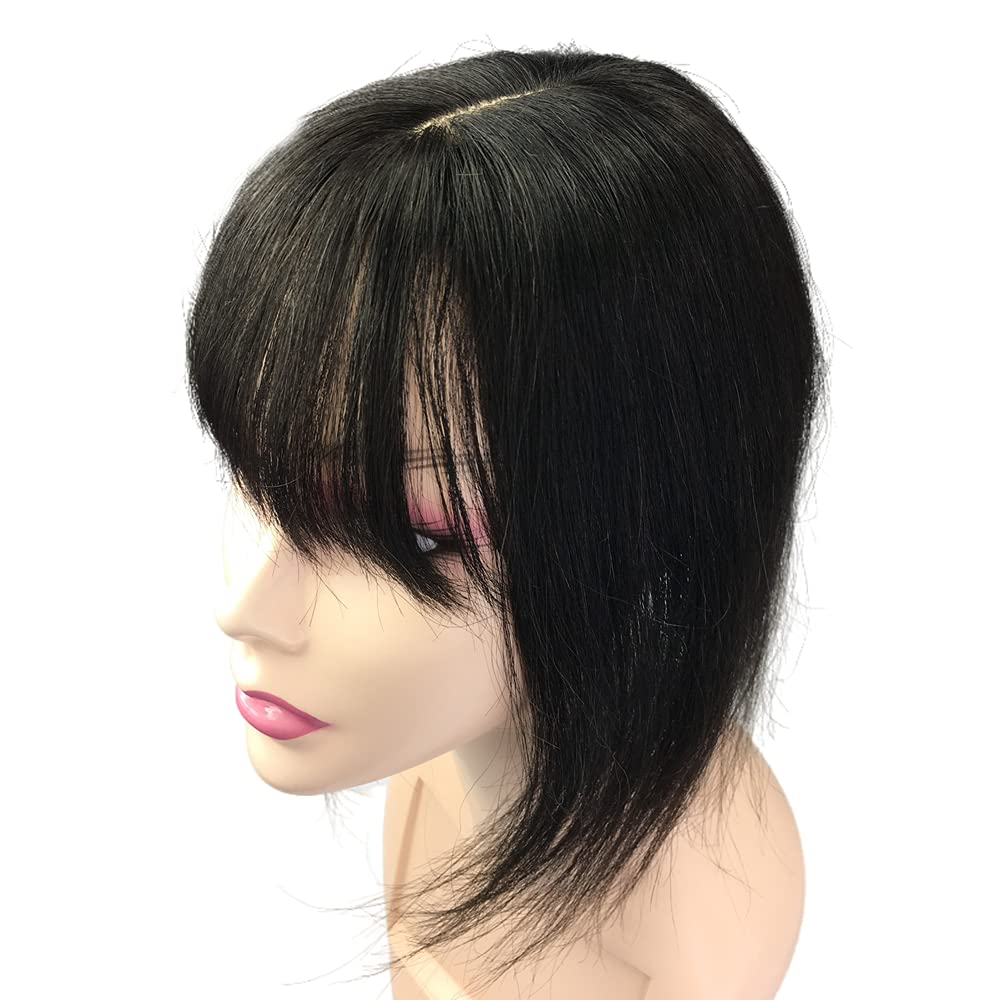 30cm Black Invisible Human Hair Clip-In Topper with 3D Air Bangs for Women