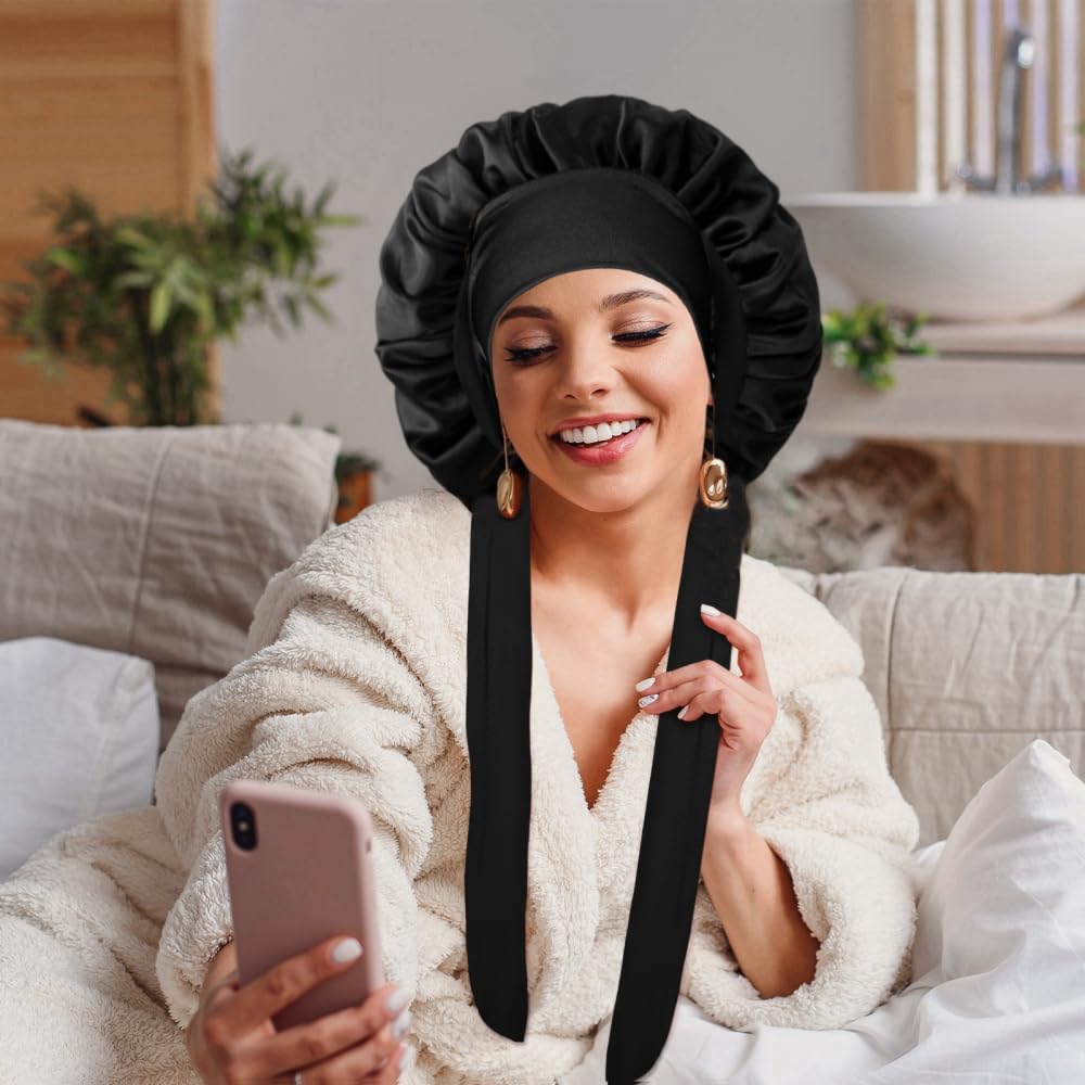 Adjustable Satin Silk Sleeping Bonnet for Women with Tie Band, Ideal for Curly Hair - Image 5