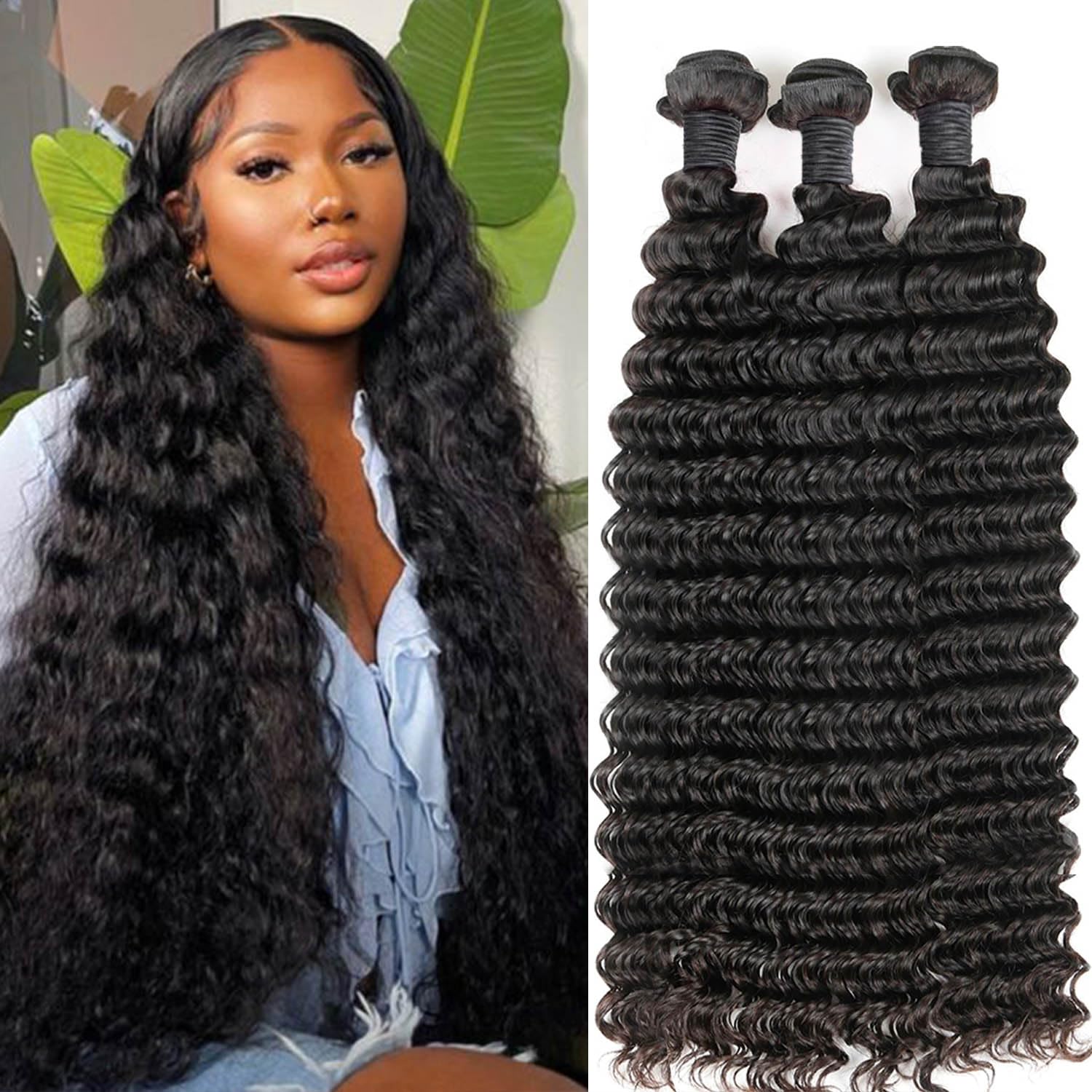 12A Grade Unprocessed Human Hair Deep Wave Bundles 3 Weave Extensions Natural Black 16-20 Inch