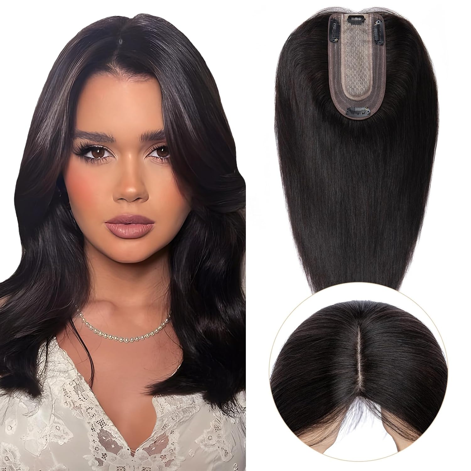 Elodia 12-Inch Natural Black Hair Topper for Women 150% Density No Bangs