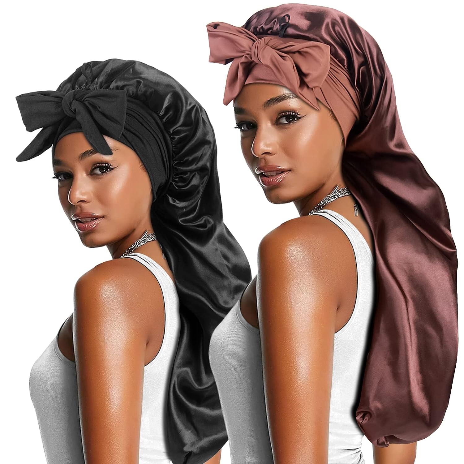 Set of 2 Large Satin Bonnets for Women with Tie Band Silky Hair Care