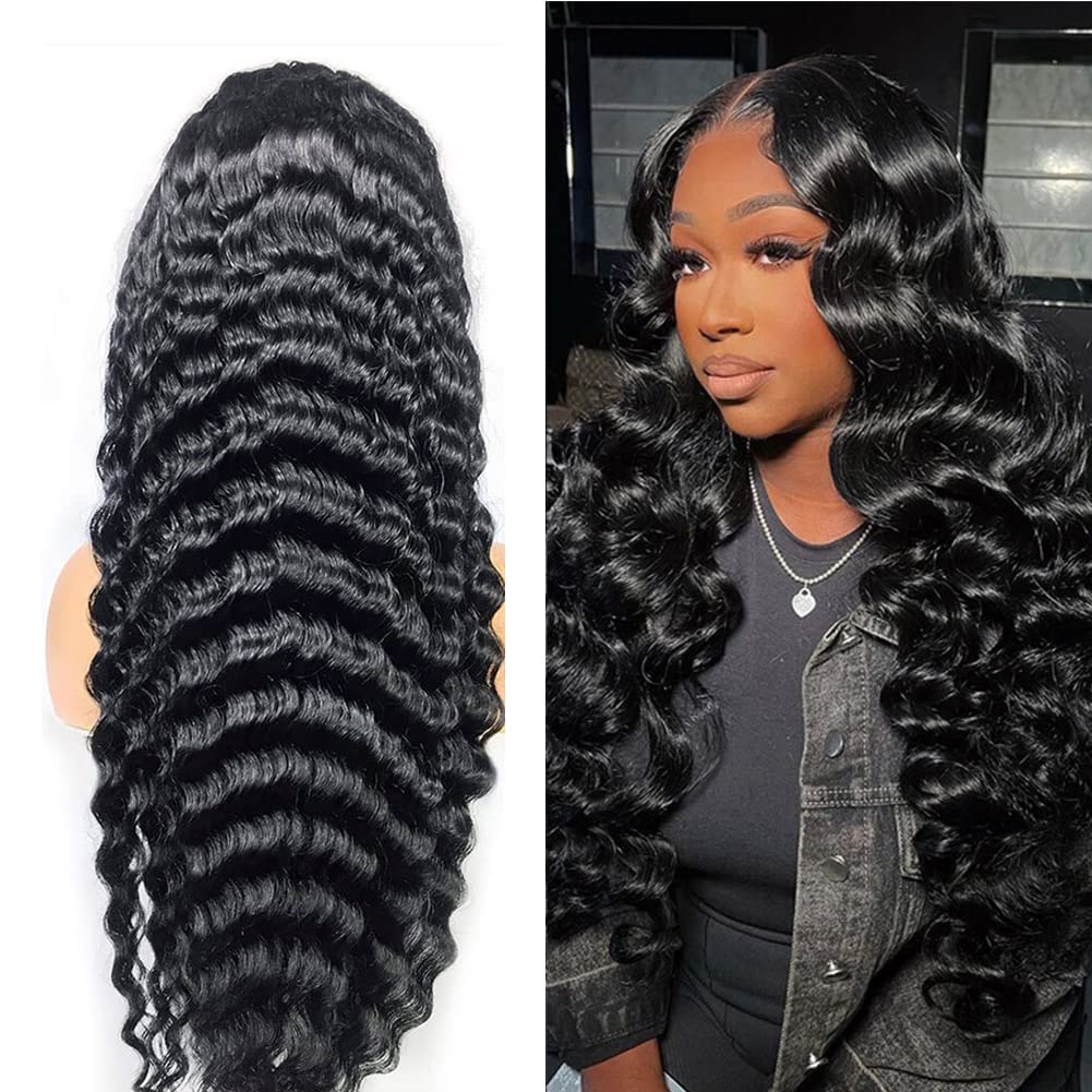 26 Inch 180 Density Loose Deep Wave Pre Plucked Human Hair Lace Front Wig