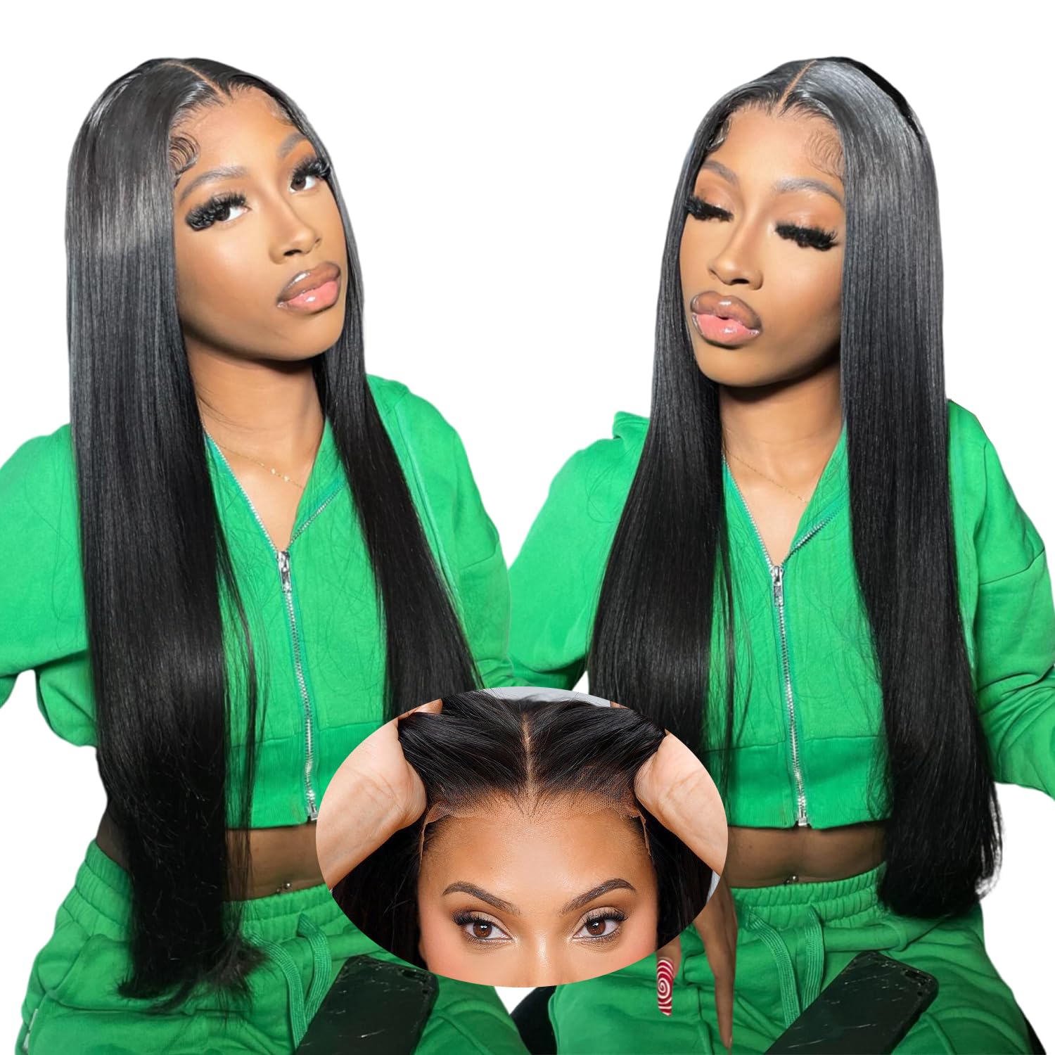 Mengkai 26 Inch Glueless Lace Front Straight Human Hair Wig Natural Color