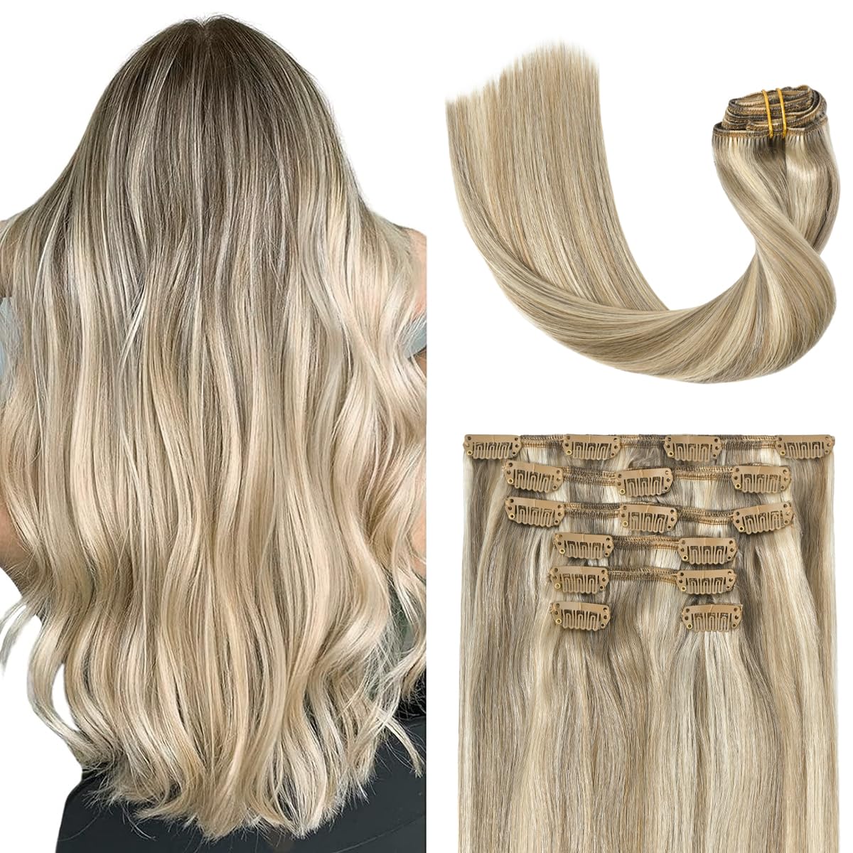18-Inch 70g Ash Blonde Mixed Bleach Blonde Clip-in Hair Extensions 7 Piece Double Weft