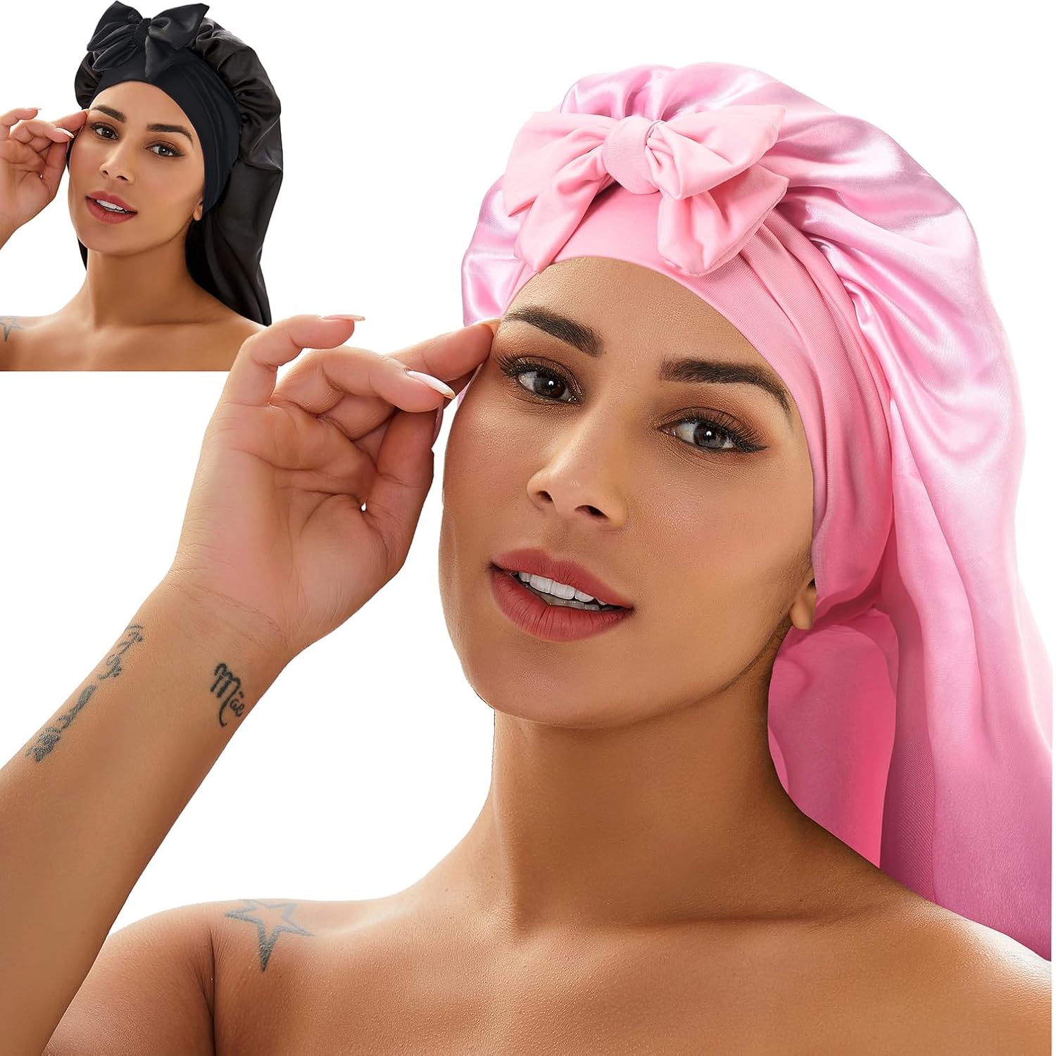 2 Piece Luxury Satin Sleep Bonnet Set for Long Hair with Adjustable Tie Band - Image 5