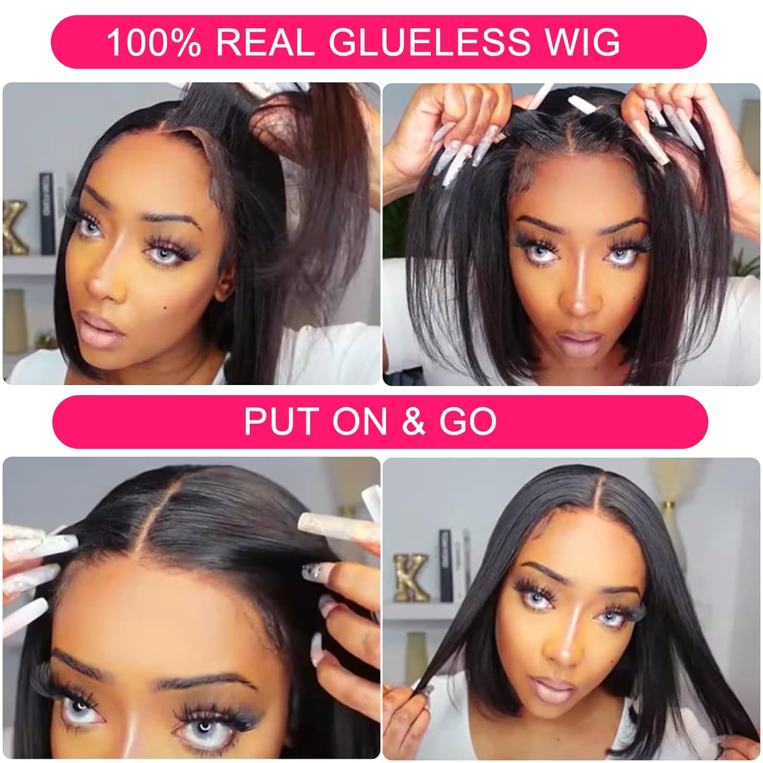 MEGALOOK 12 Inch Glueless Bob Wig 180% Density Pre-Plucked Human Hair Black - Image 2