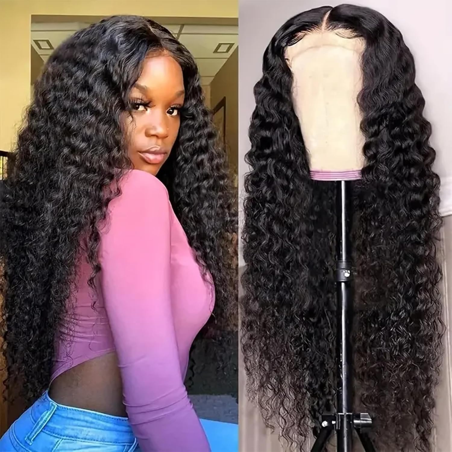 26 Inch Pre-Plucked Curly Deep Wave Lace Front Wig Glueless Black Women