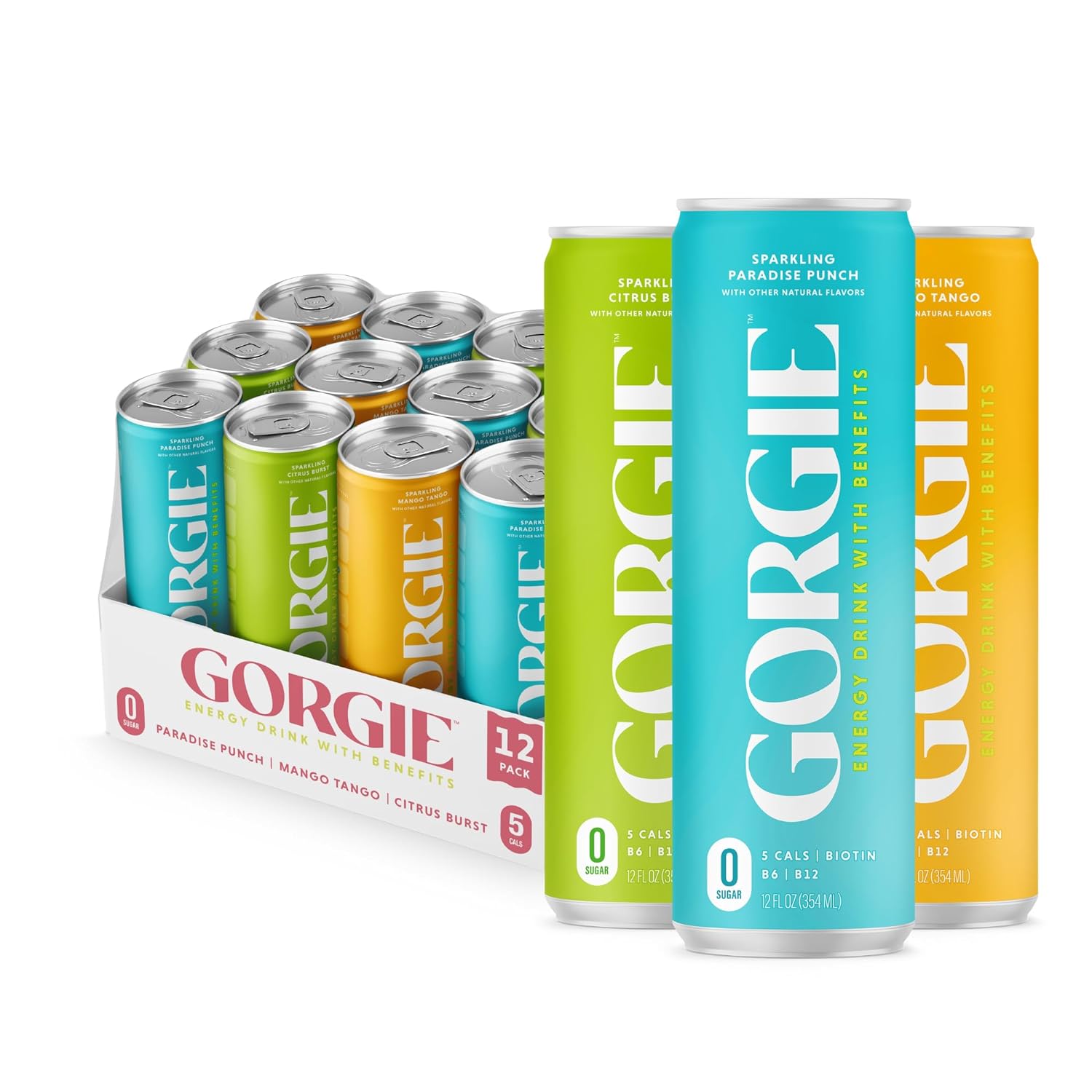 GORGIE Tropical Variety Sugar-Free Vegan Sparkling Energy Drink 12 Pack 150mg Caffeine