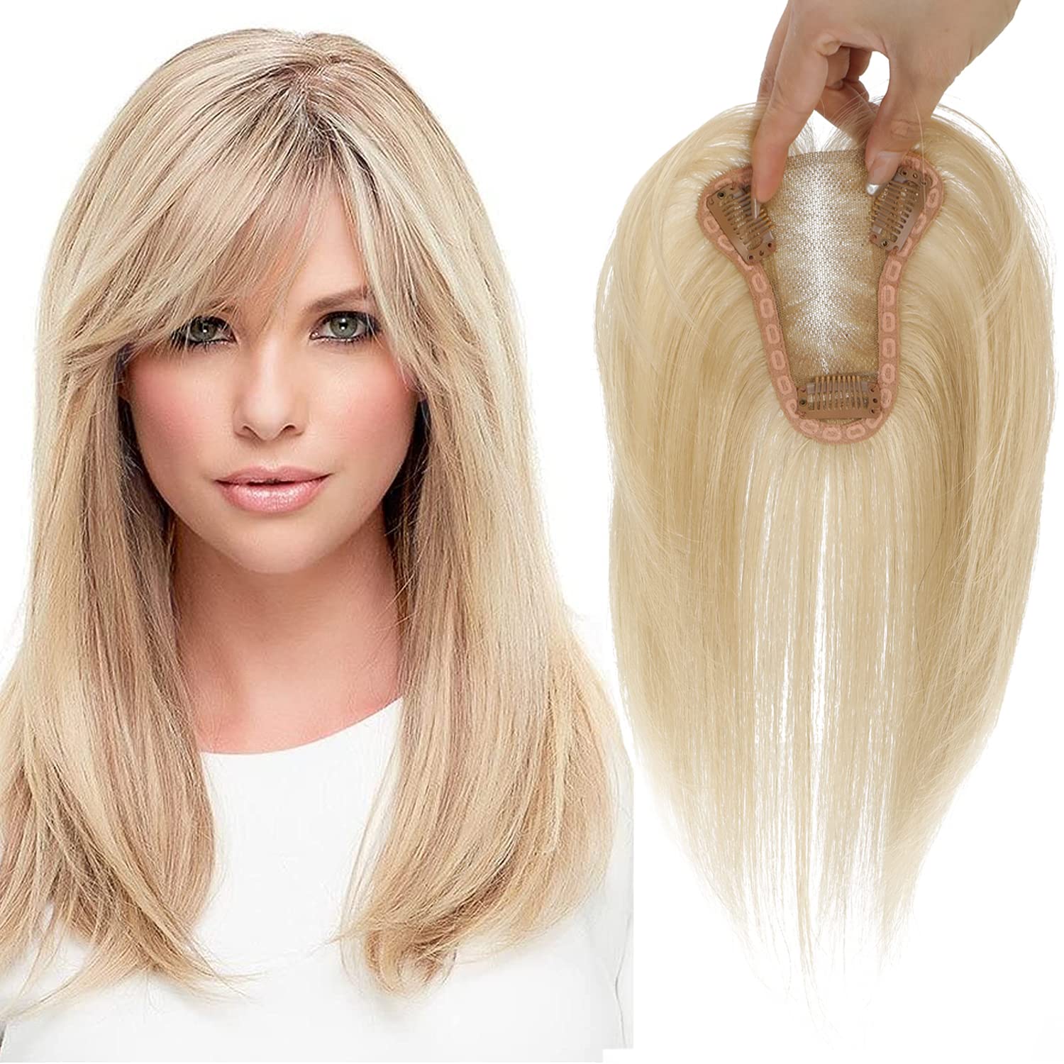 Clip-In Real Human Hair Toppers for Women with Bangs Thinning Hair Solution