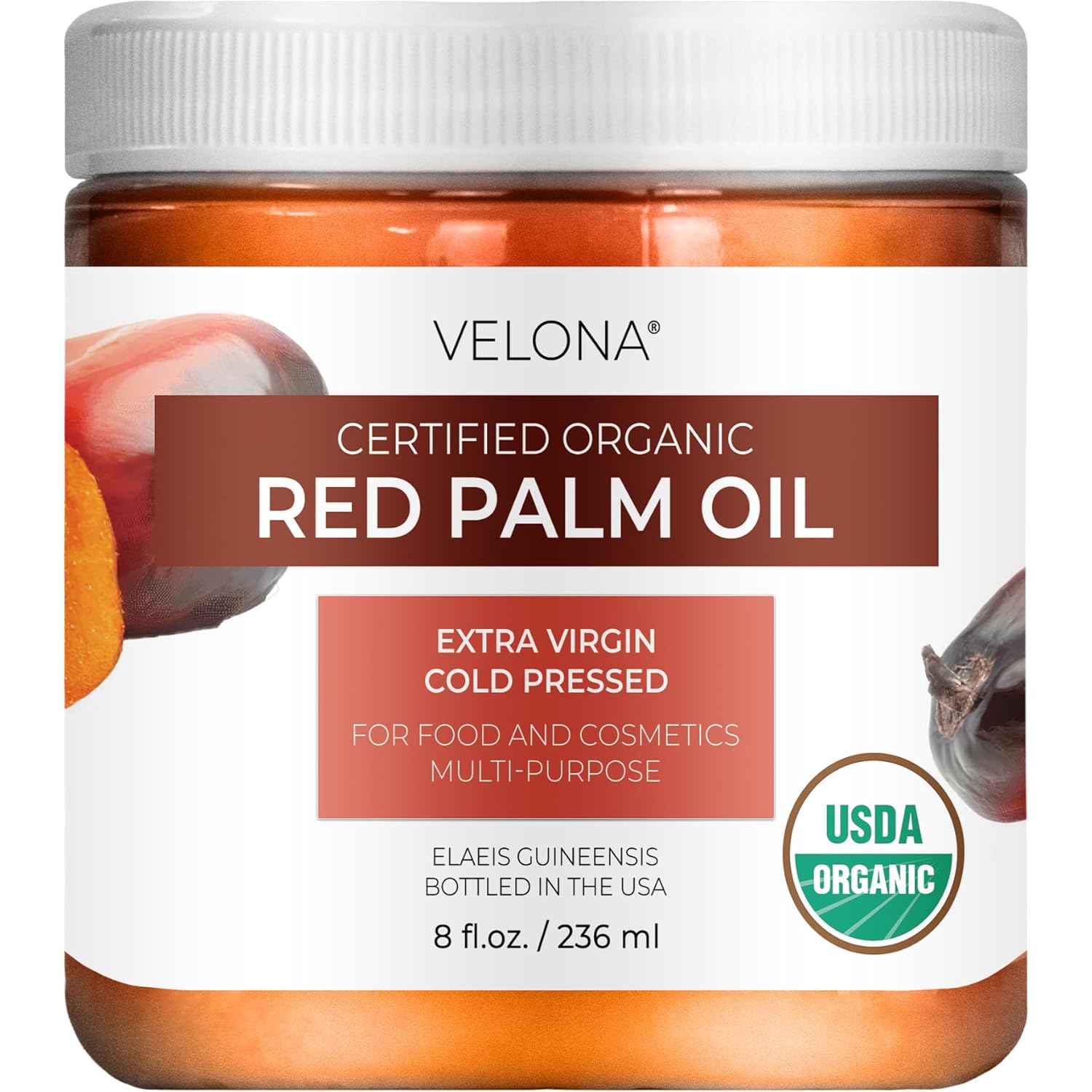 Velona USDA Organic Red Palm Oil 8 Fl Oz Jar Extra Virgin Cold Pressed for Skin Hair Care