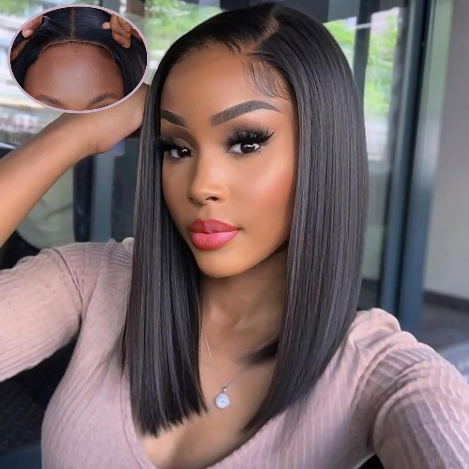 MEGALOOK 12 Inch Glueless Bob Wig 180% Density Pre-Plucked Human Hair Black