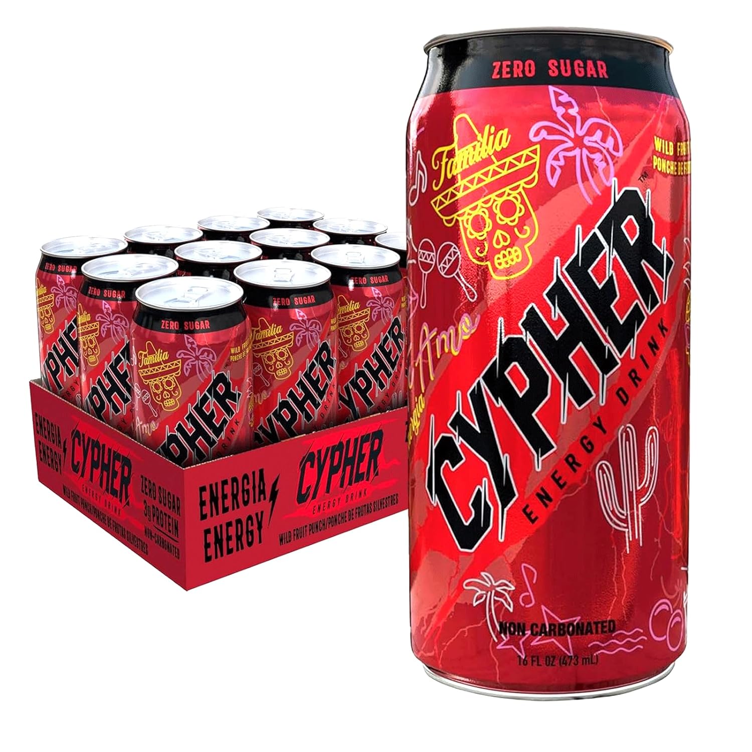 Cypher Wild Fruit Punch Zero Sugar Energy Drink 12-Pack 16 oz Cans Non-Carbonated 260mg Caffeine