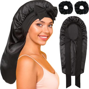 Satin Long Sleep Bonnet with Tie Band for Women's Curly Hair