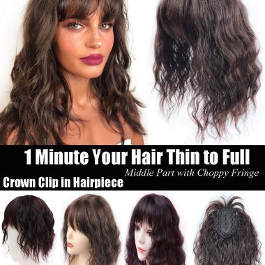 Light Brown Water Wavy 35cm Clip-In Hair Topper with Choppy Fringe, Thick Volume